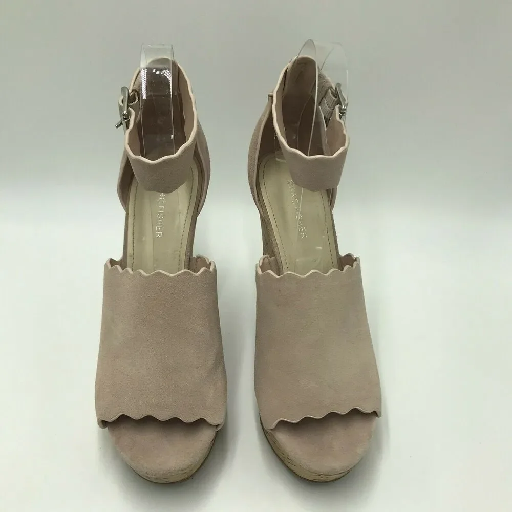 Marc Fisher 10M Natural Taupe Haya Scallop Ankle Strap Espadrille Wedge Sandal